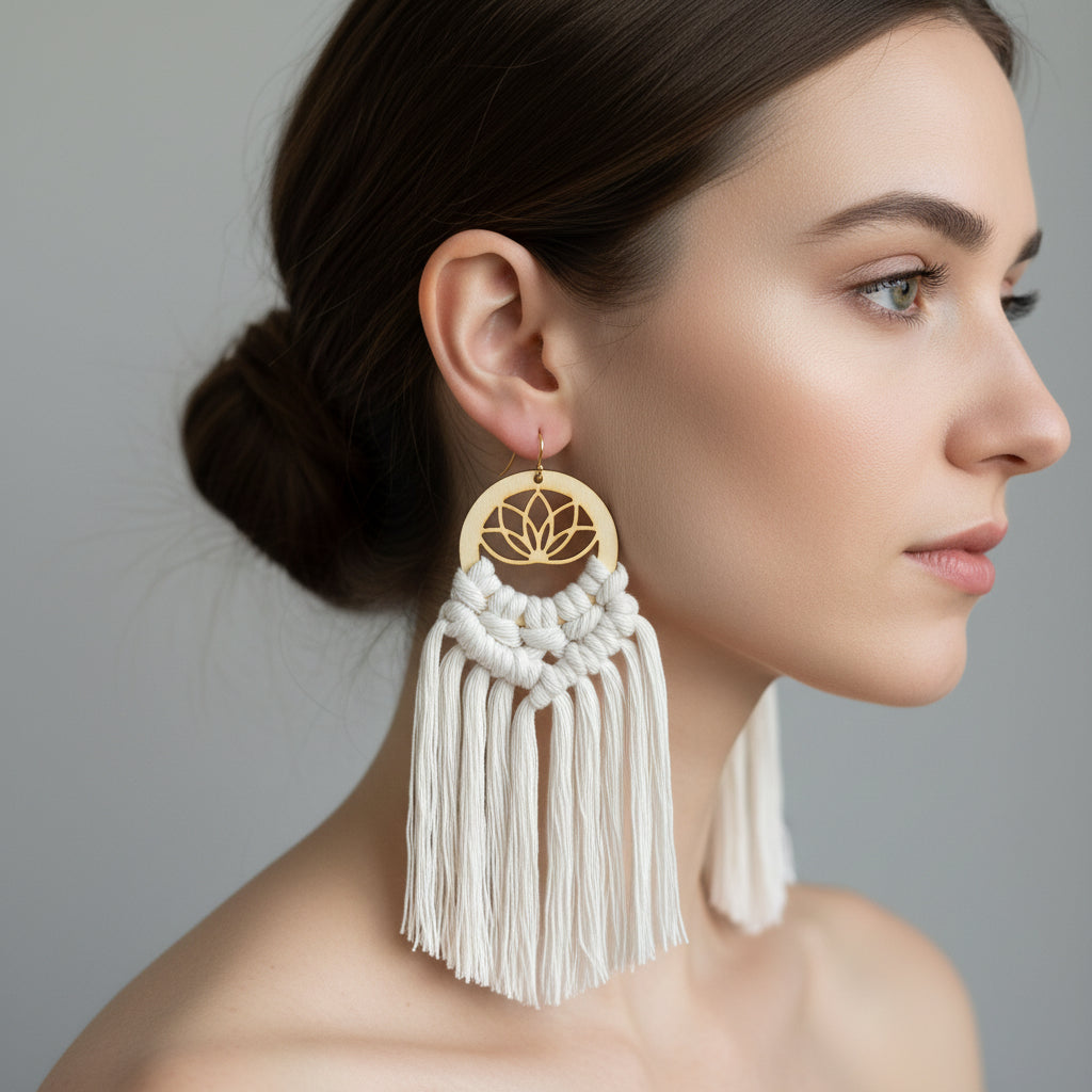 Aretes en macramé con base en forma de flor de loto de madera y colores blancos