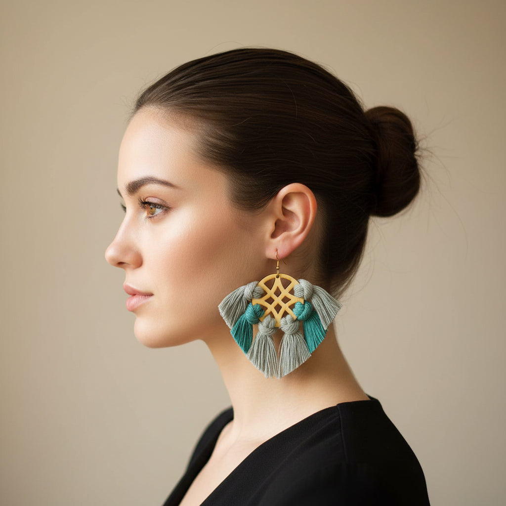 Aretes en macramé con base en madera y colores azules