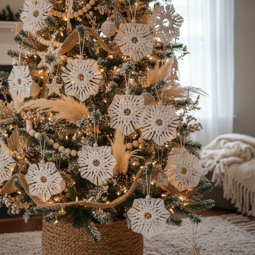 Adornos de navidad en macramé, copos de nieve, set de 4