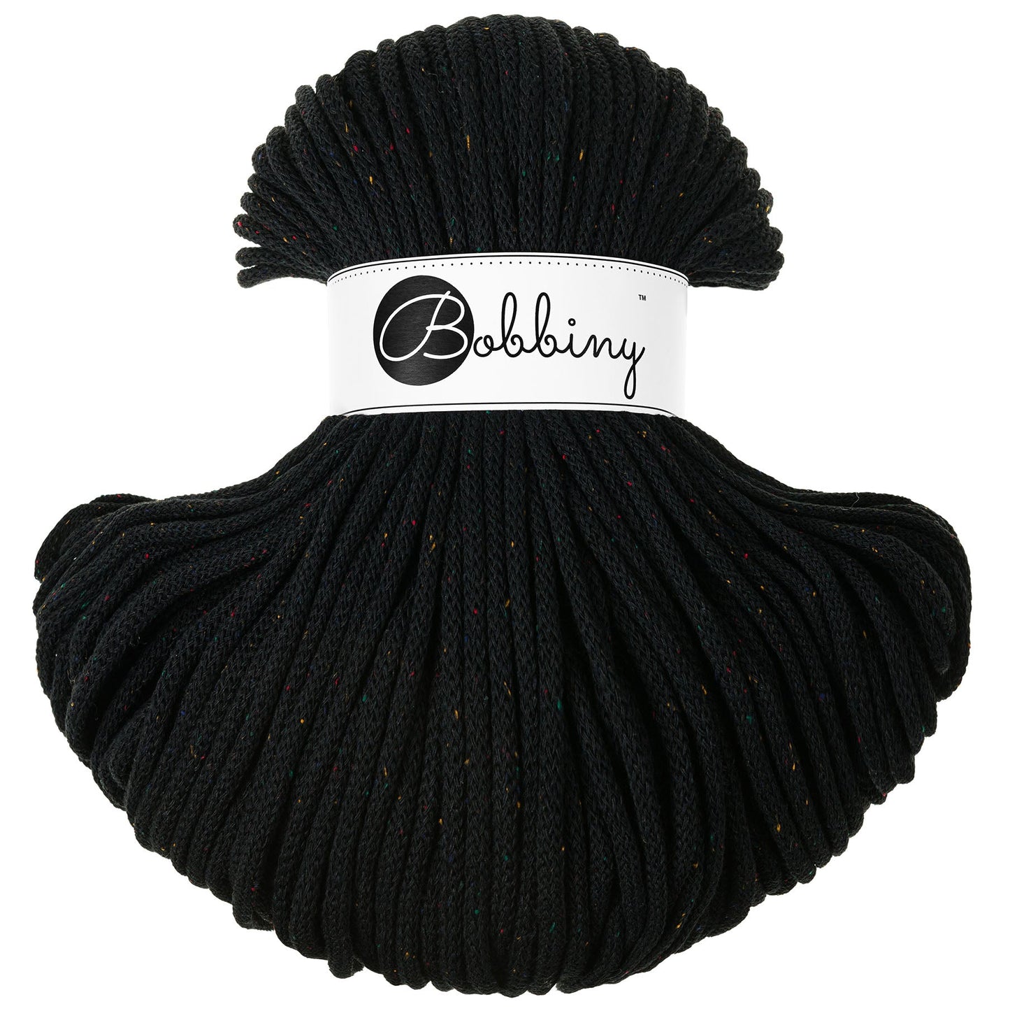 Hilo de macramé o crochet trenzado 5mm, Negro con chispas de color, Midnight Dust, 108 yardas
