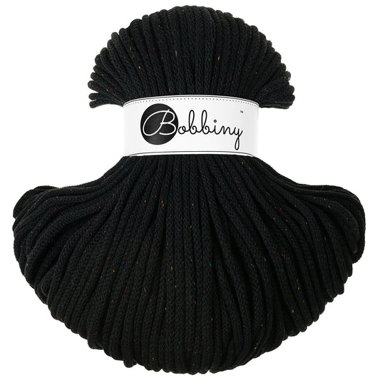 Hilo de macramé o crochet trenzado 5mm, Negro con chispas de color, Midnight Dust, 108 yardas