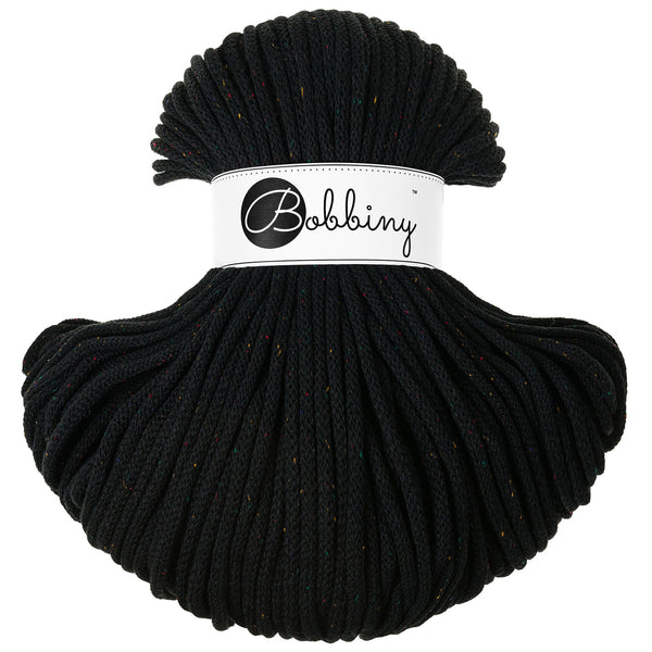 Hilo de macramé o crochet trenzado 5mm, Negro con chispas de color, Midnight Dust, 108 yardas