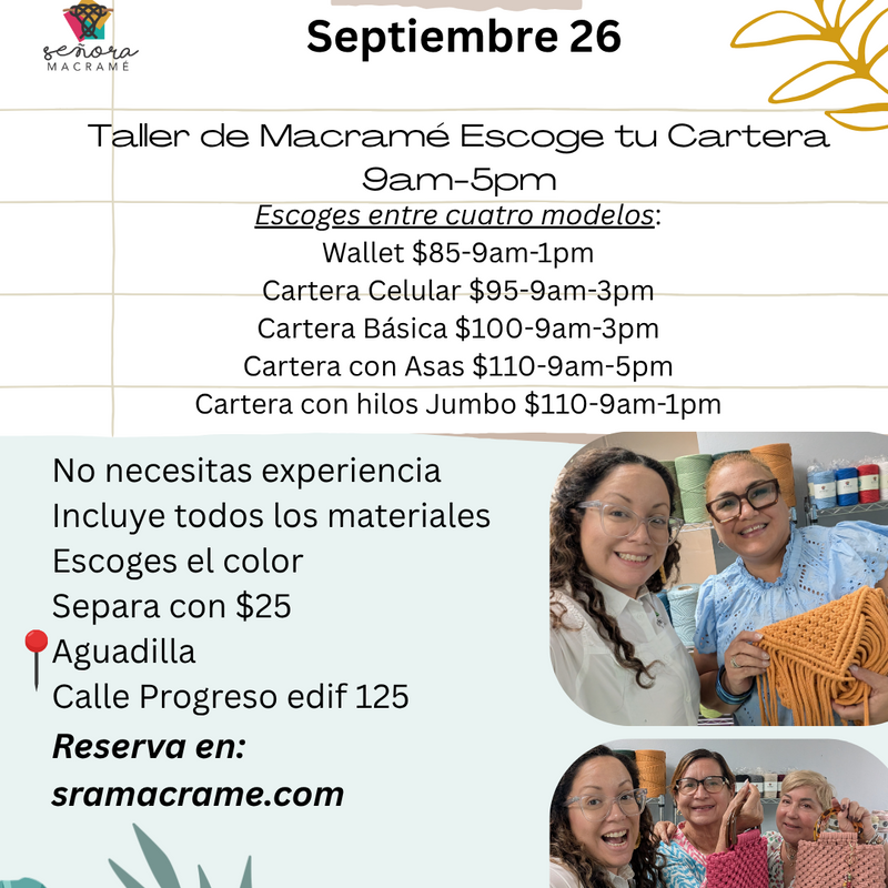 Taller Presencial, Escoge tu Cartera en Macramé