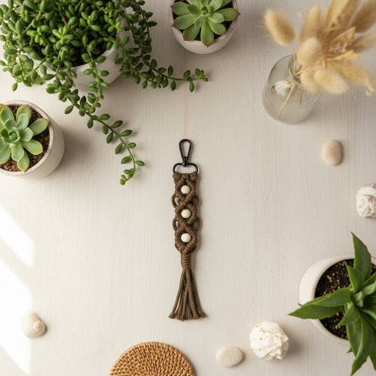 Llavero o charm en macramé color marrón con bolitas de madera